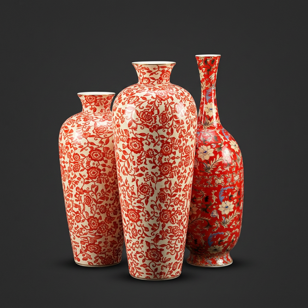 Floral Floor Vases in Vermilion Red
