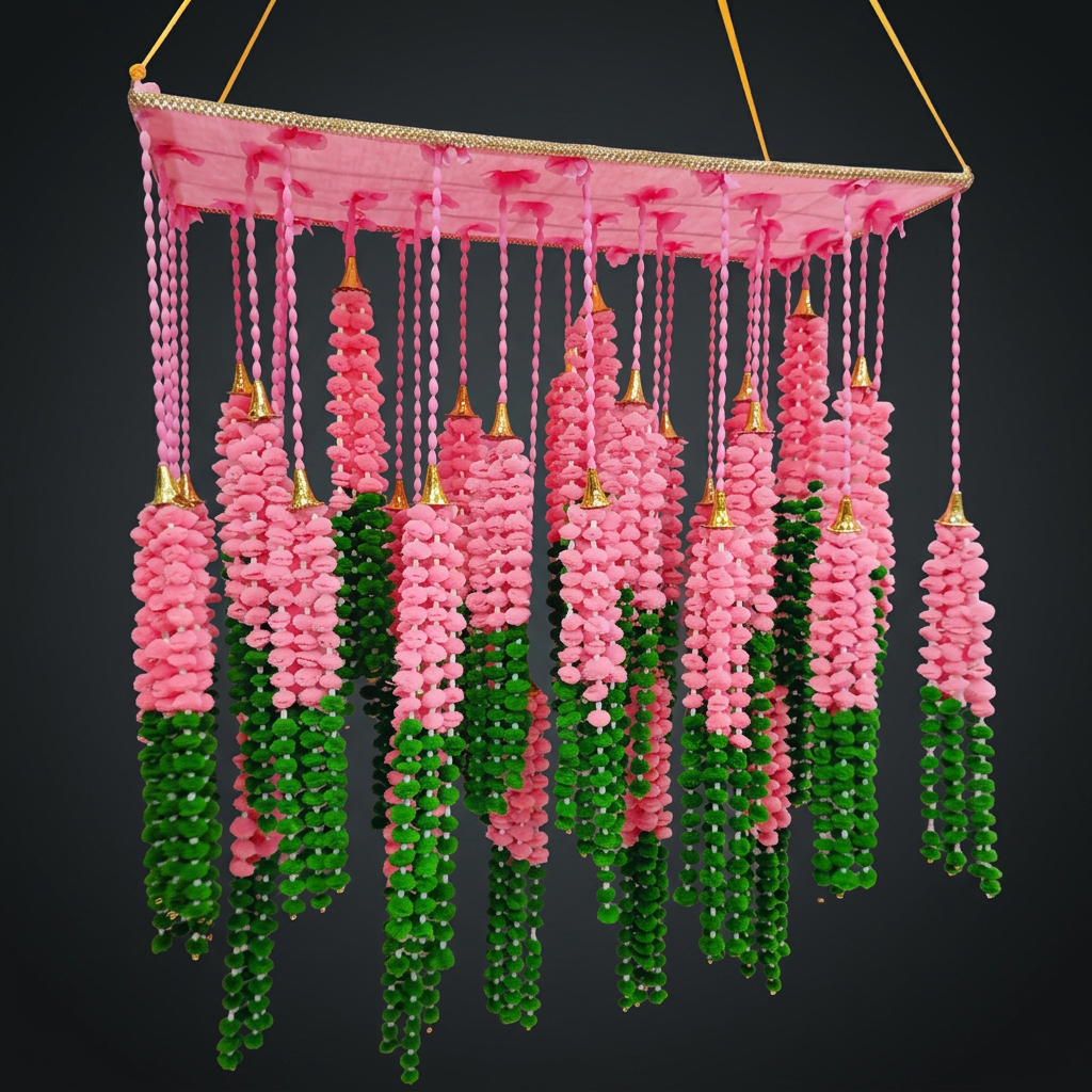Pink Green Pom Canopy in Blush & Emerald