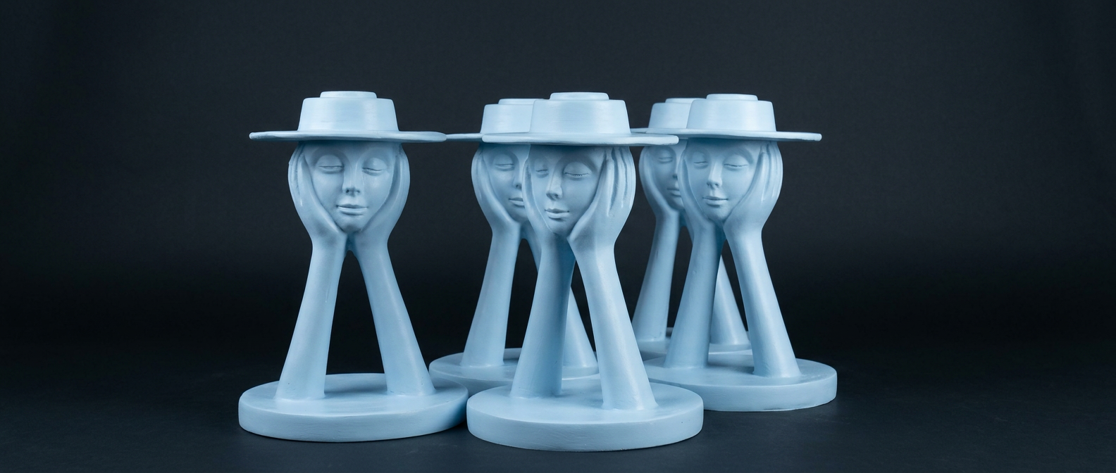 Powder Blue Hat Face Pedestal Bust Set
