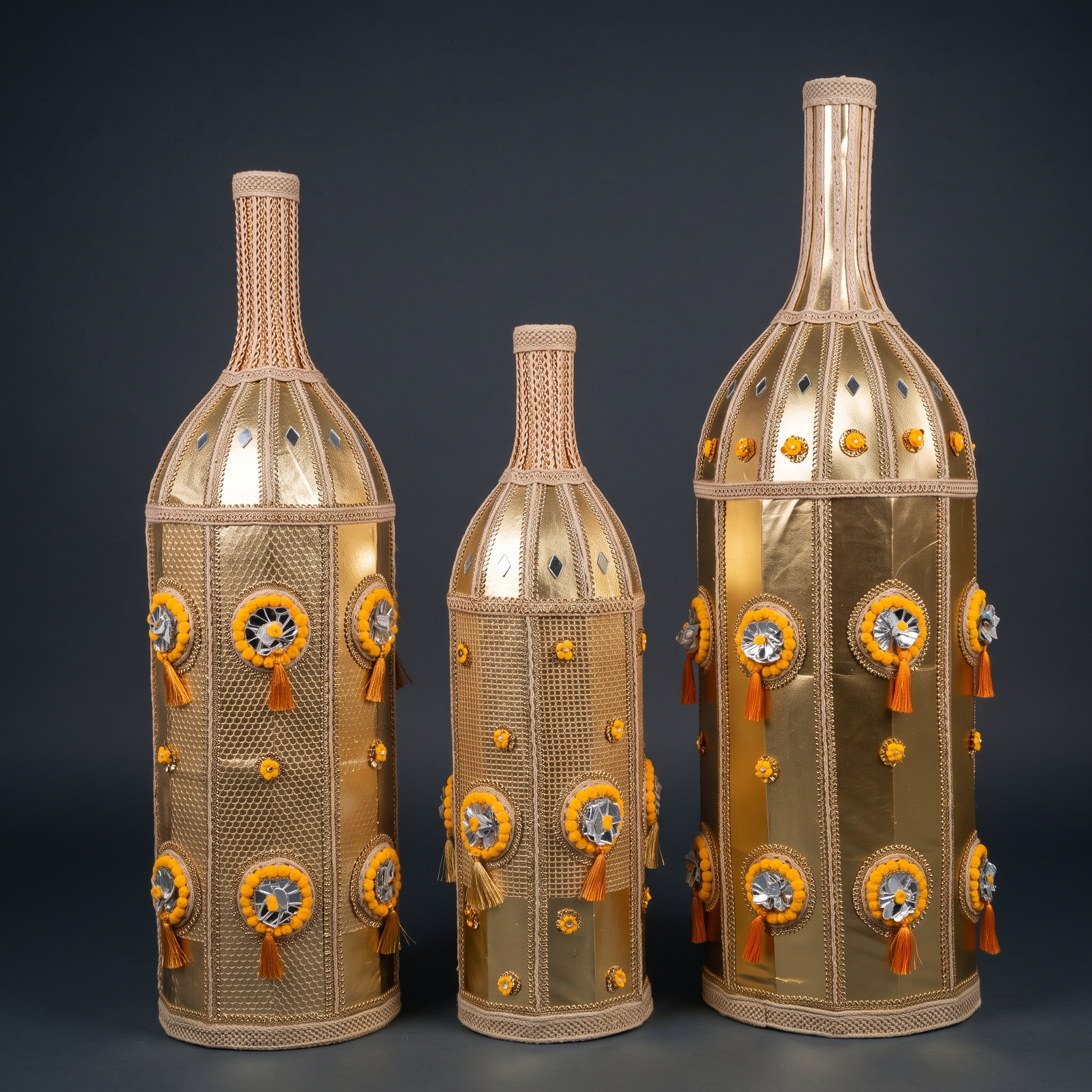 Gilded Bottle Vases in Gold & Jute