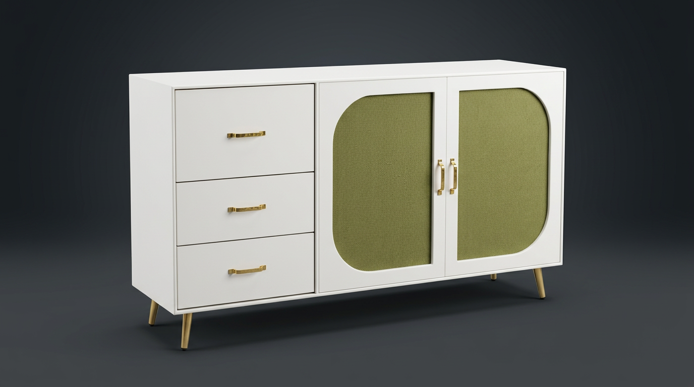 Cane Drawer Sideboard in White & Olive