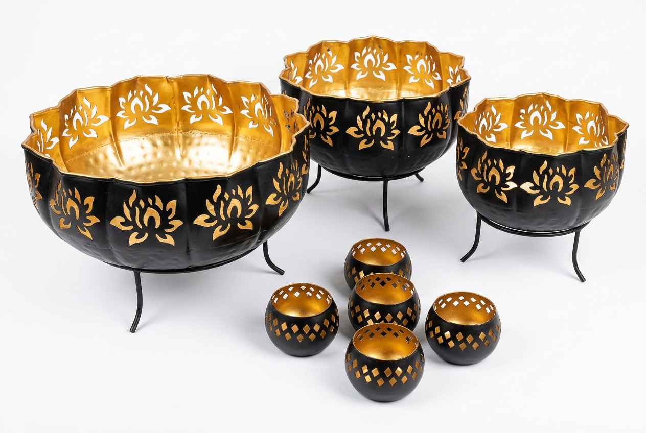 Black & Gold Iron Lotus Urli Set