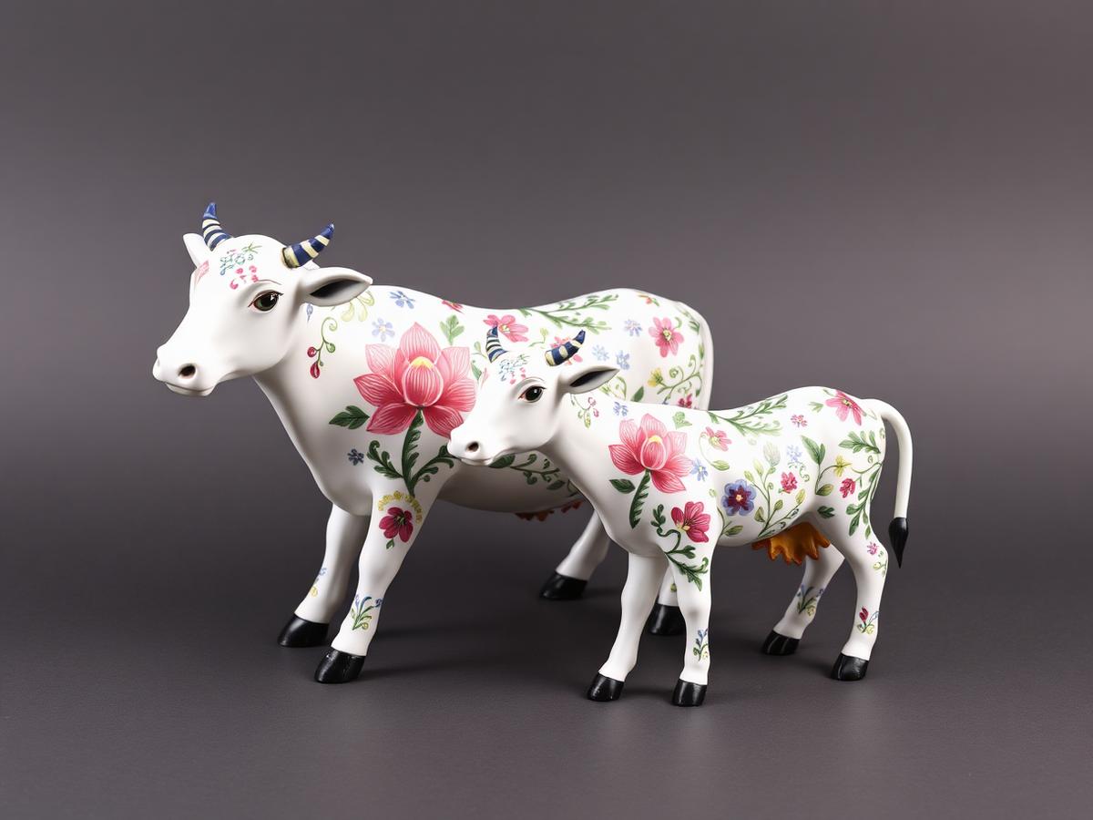 Lotus Cow & Calf in White Floral