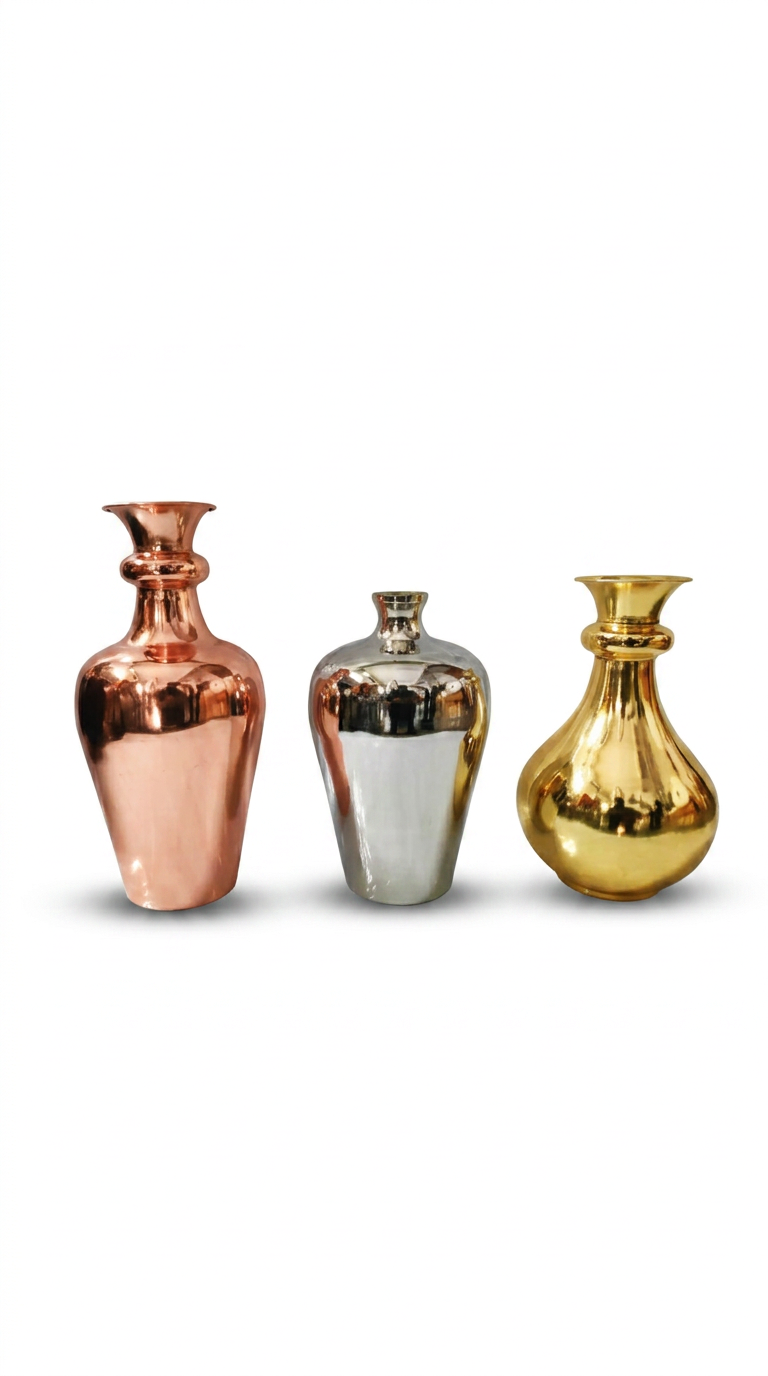Metallic Copper Silver Gold Vase Trio