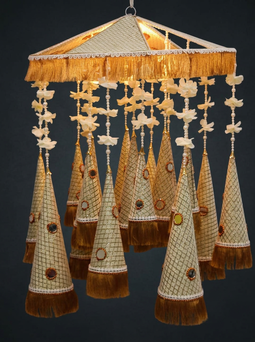 Lit Cone Chandelier in Ivory & Gold