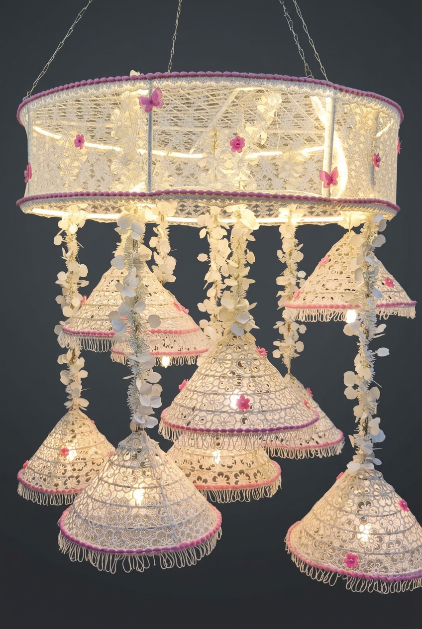 Lace Cone Chandelier in Ivory & Rose