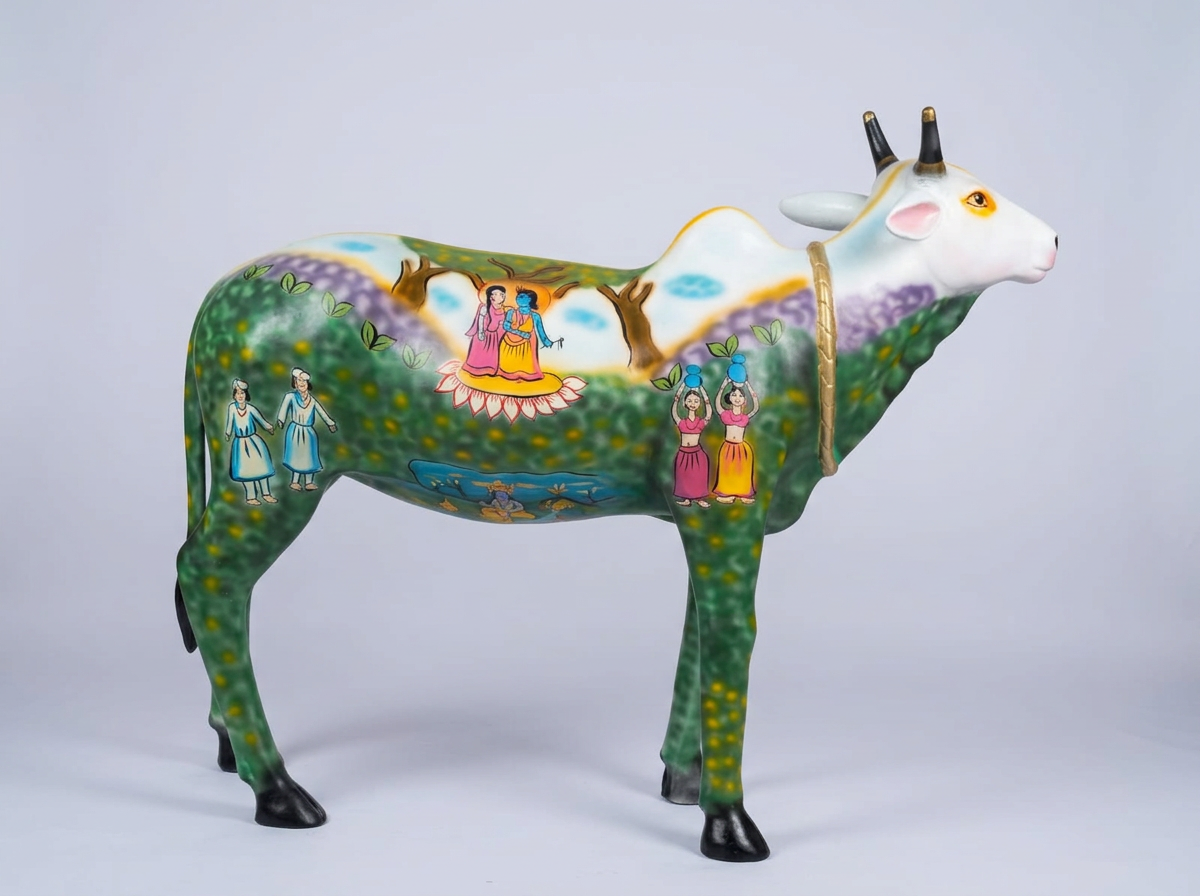 Pichwai Cow in Emerald Hand-painted