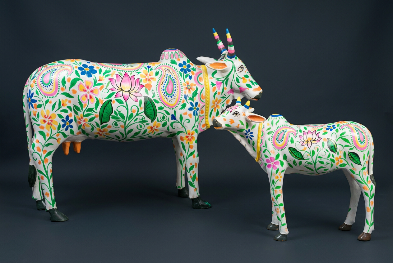 Paisley Cow & Calf in White Multicolour