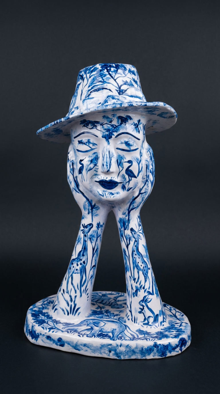Blue Pottery Hat Face Bust — MD 991