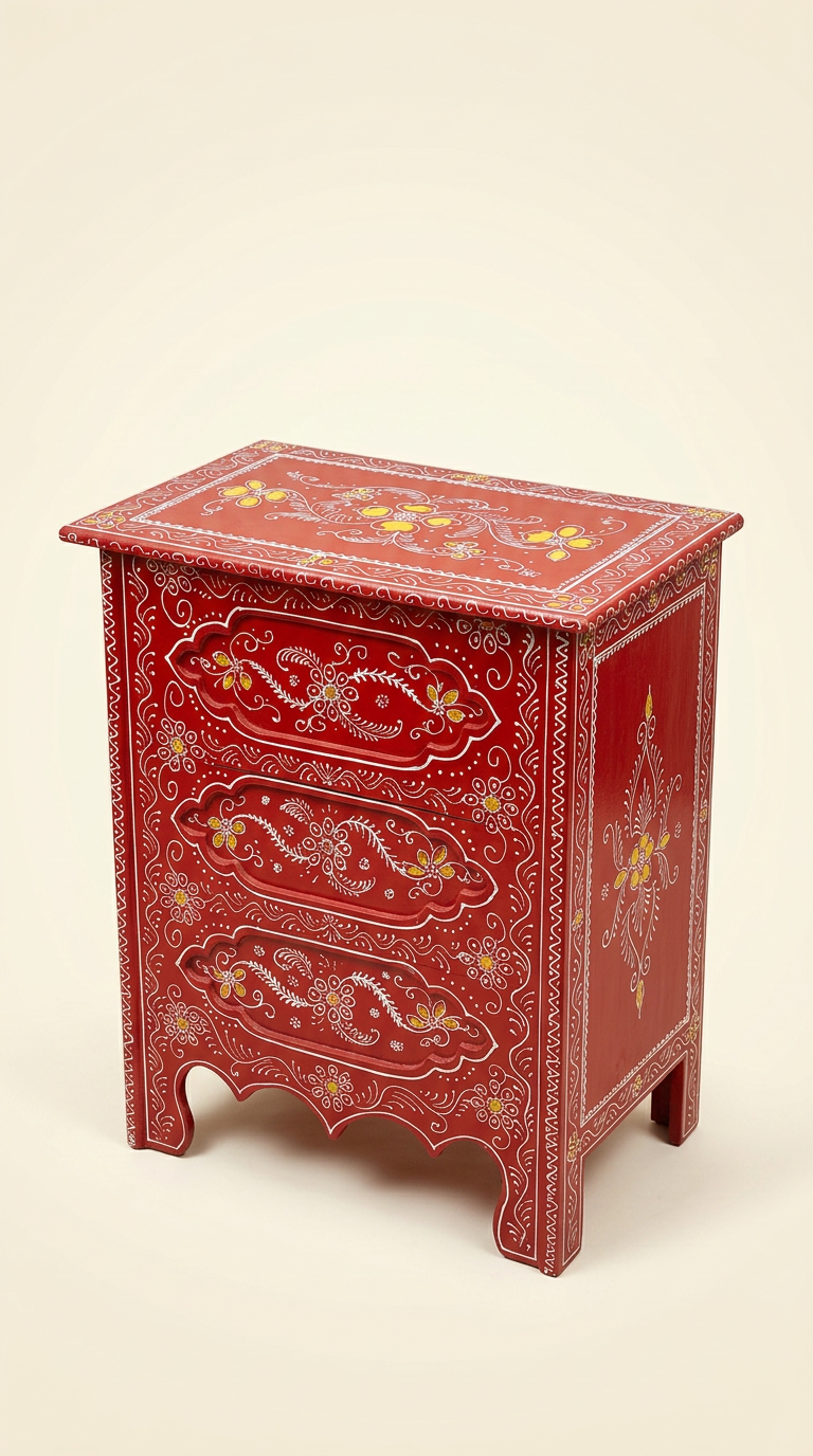 Hand-Painted Floral Chest in Vermilion Red