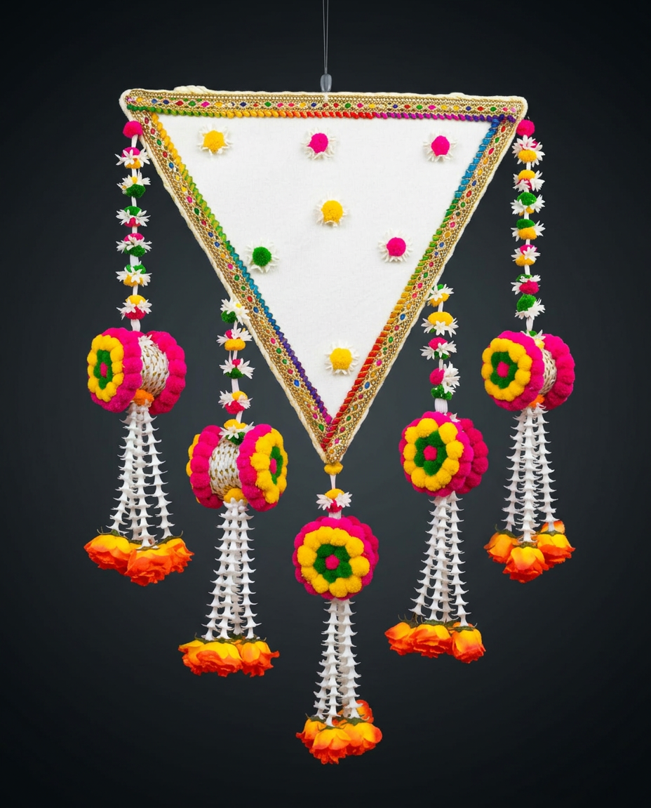 Triangle Pom Toran in Multicolour & Ivory