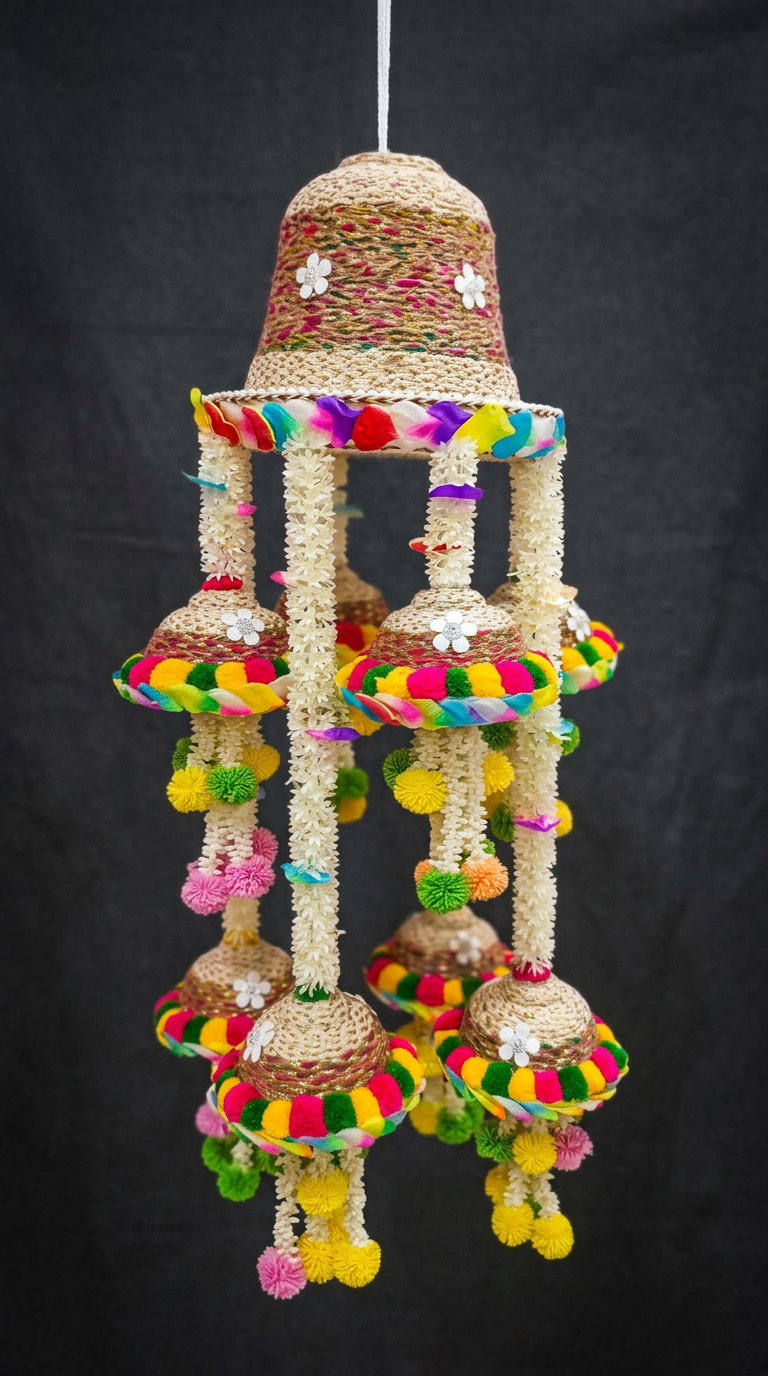 Jute Pom Bell Jhoomar in Natural & Multicolour
