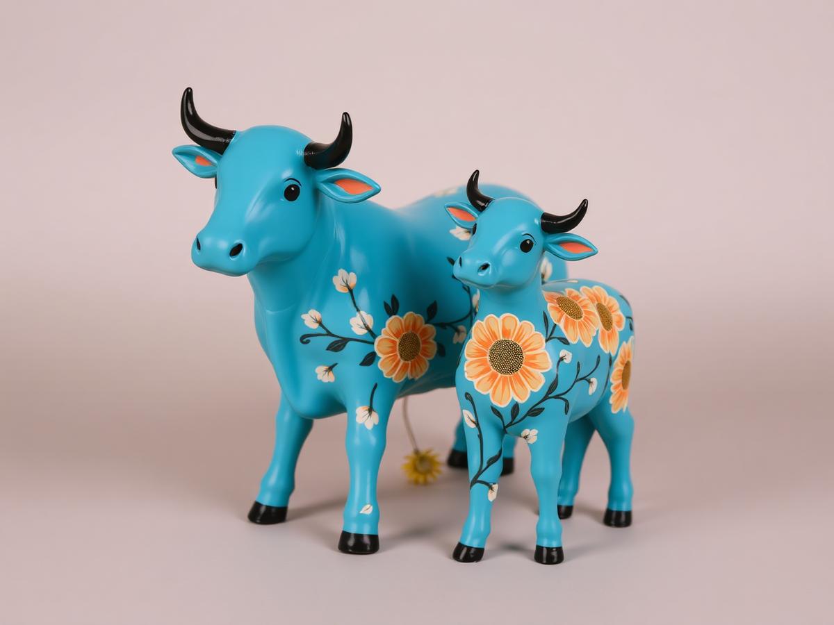Floral Cow & Calf in Turquoise & Peach