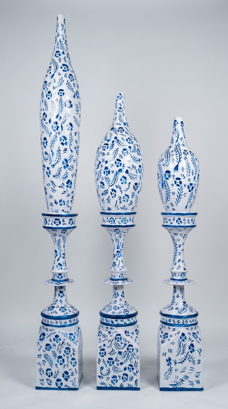 Blue Floral Painted Spire Pillar Trio