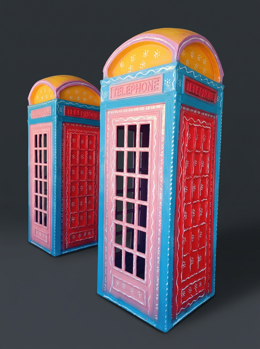 Painted Telephone Booth Pair in Sky Blue & Scarlet
