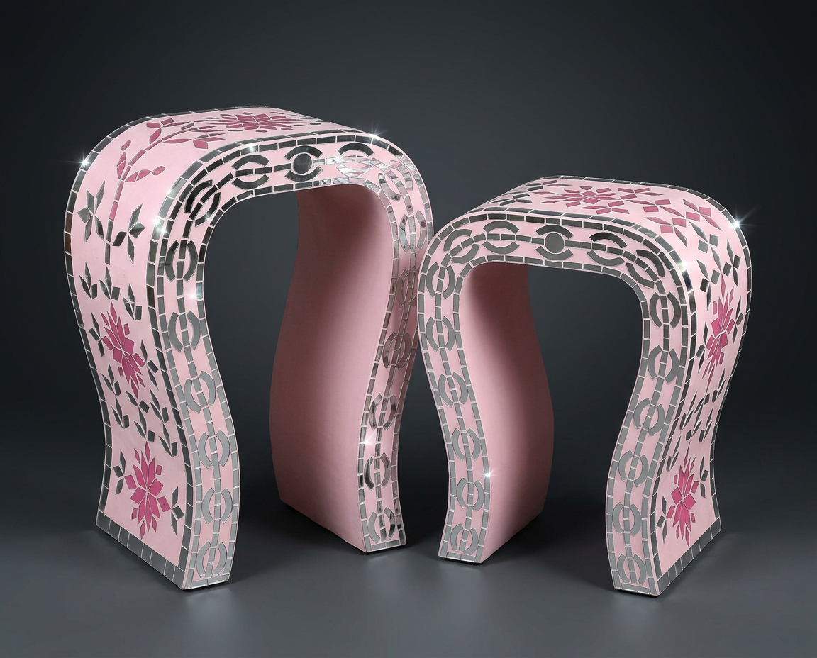 Mirror Arch Table Pair in Pink & Mirror
