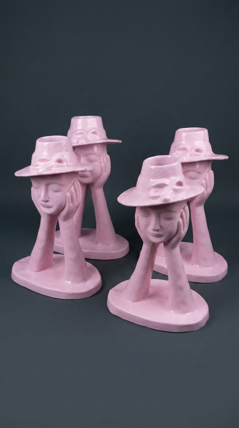 Pink Hat Face Hand-Rest Planter Bust Set