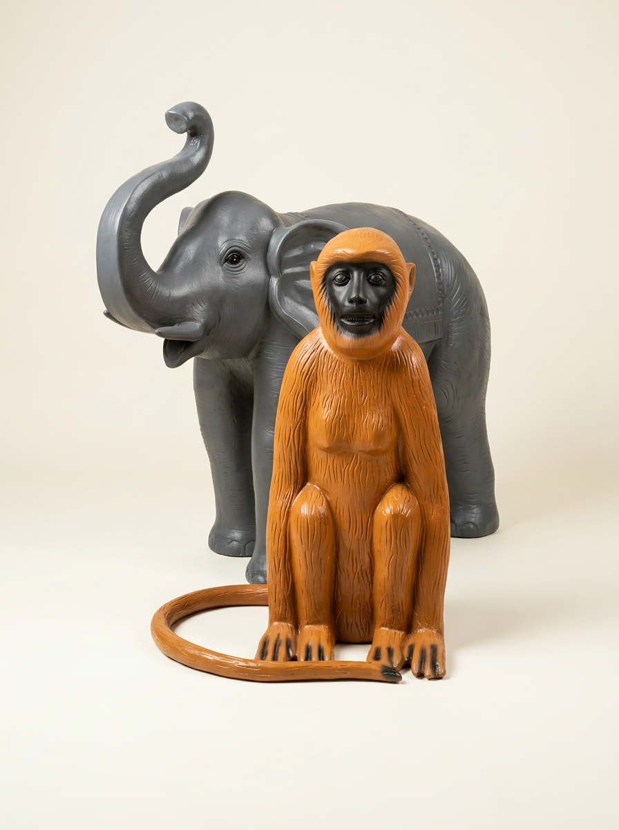 Monkey & Elephant Duo in Terracotta & Grey