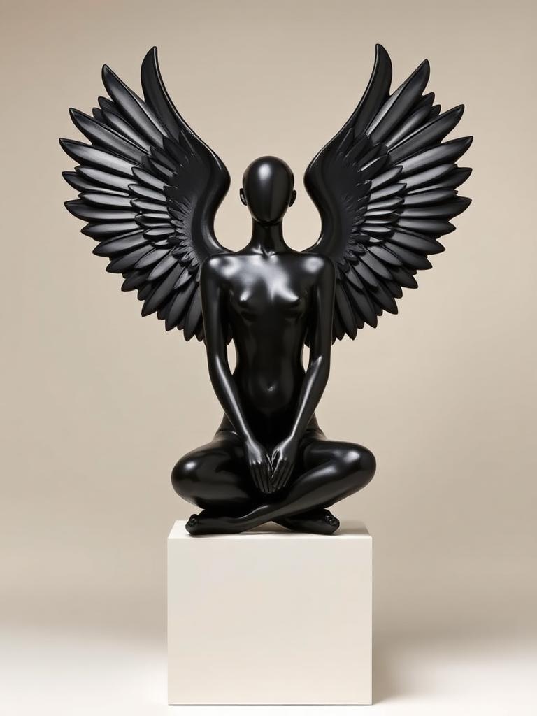 Winged Angel Figure in Gloss Black