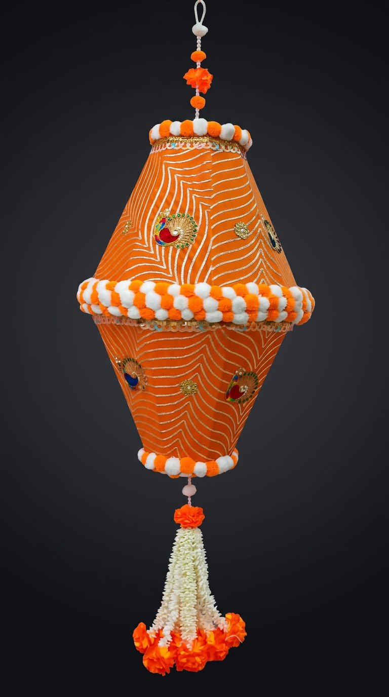 Orange Pom Lantern in Saffron & Ivory
