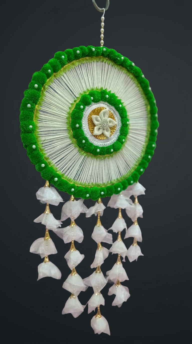 Green Pom Thread Disc in Emerald & Ivory