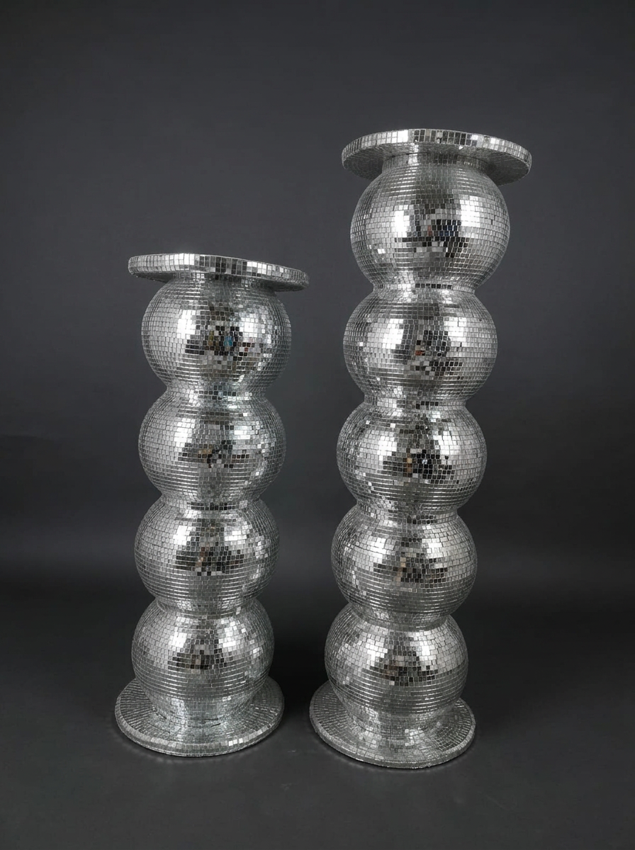 Silver Mirror Mosaic Sphere Pillar Pair