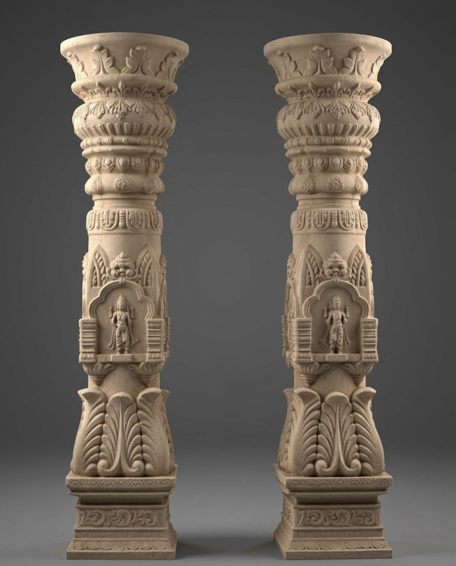Carved Beige Temple Pillar Pair