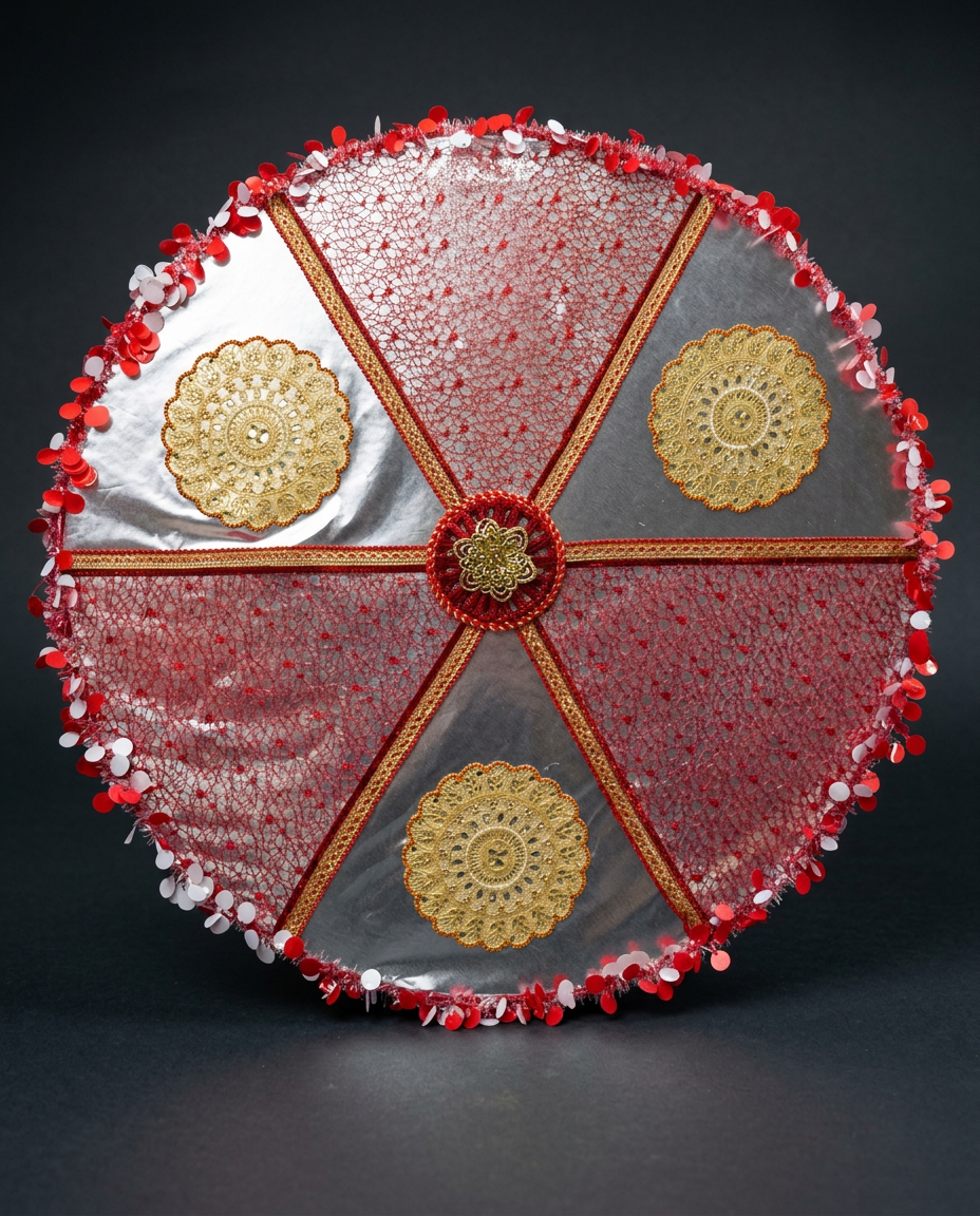 Red Net Parasol Canopy in Scarlet & Silver