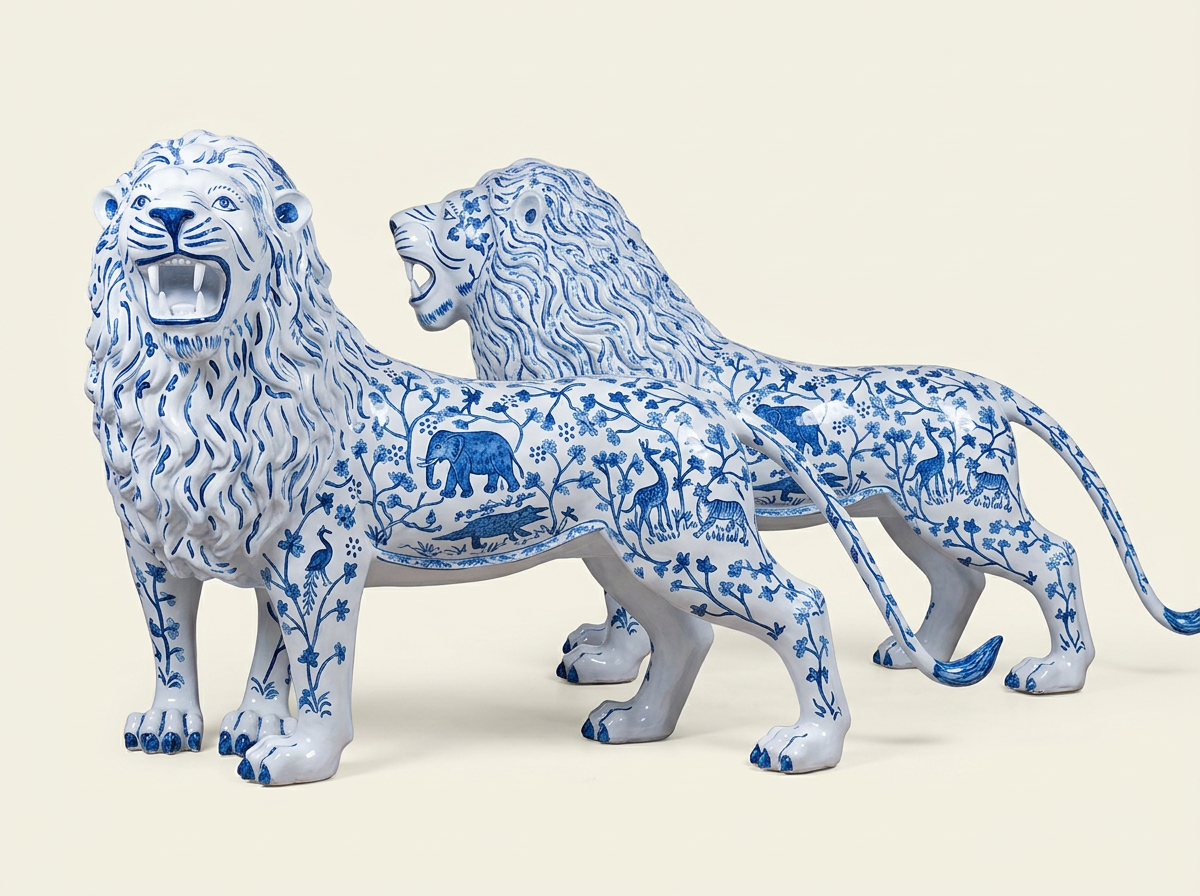 Chinoiserie Lion Pair in Blue & White