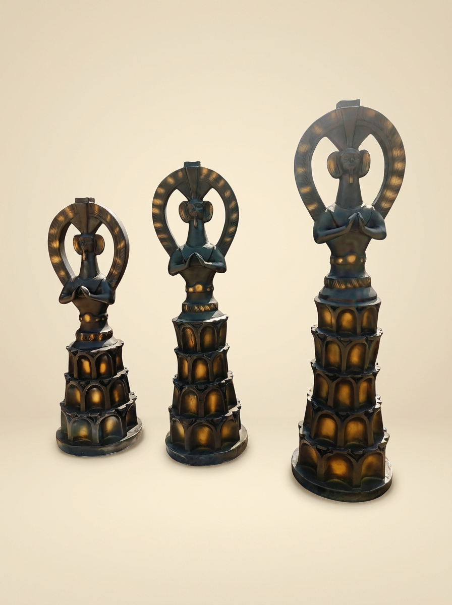 Meditating Goddess Pillars in Bronze & Gold
