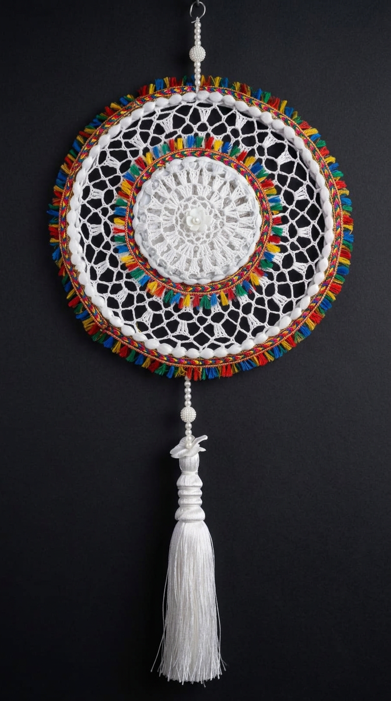 Crochet Tassel Disc in White & Multicolour
