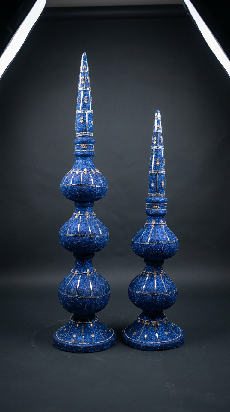 Royal Blue Mirror Mosaic Spire Pillar Pair
