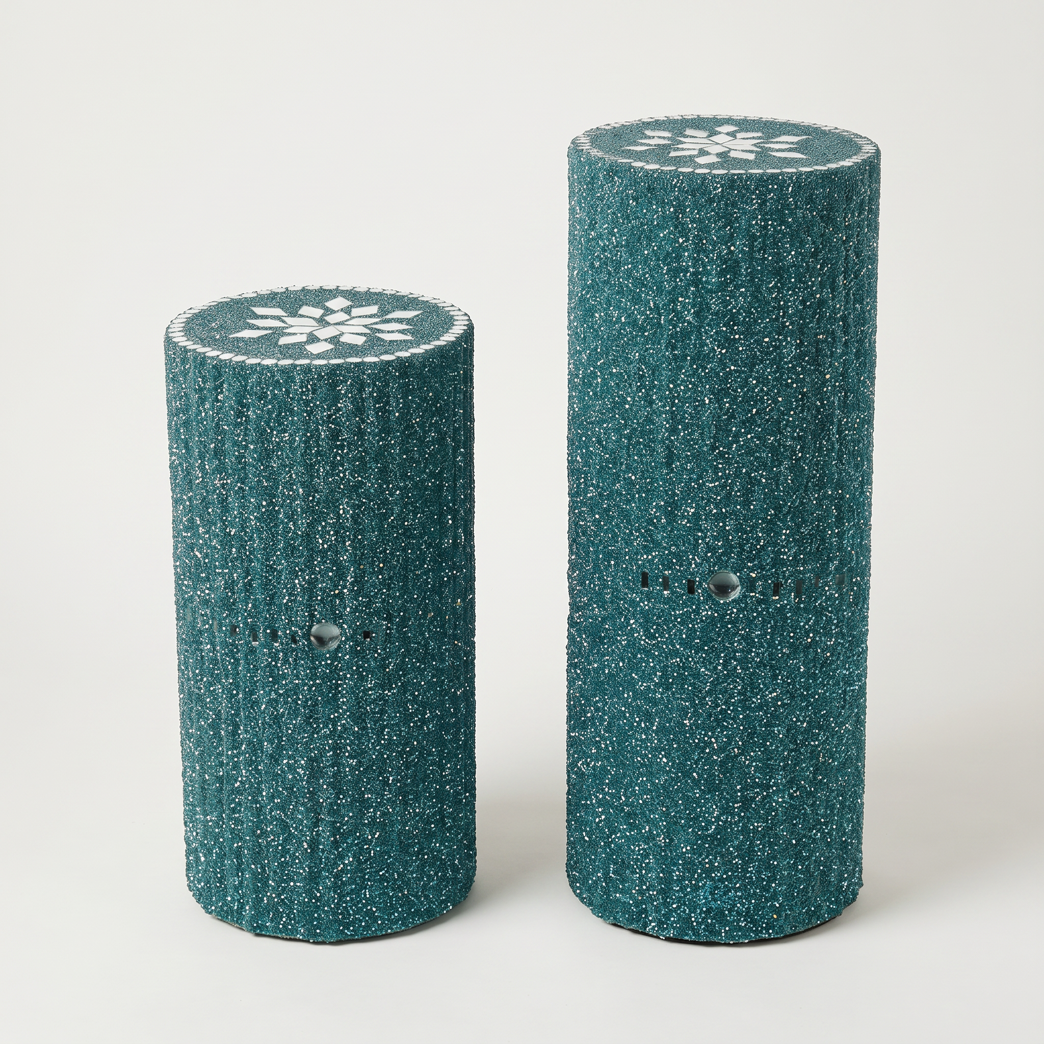 Teal Crystal Cylinder Pedestal Pair