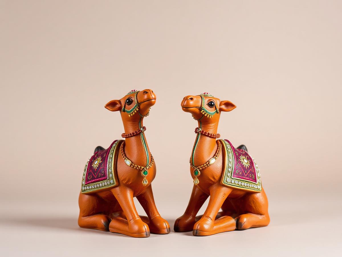 Seated Camel Pair in Terracotta & Maroon