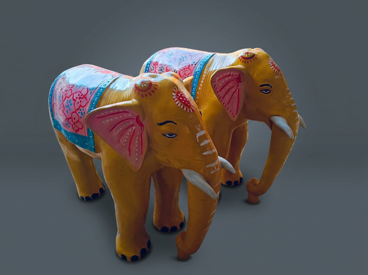 Marigold Elephant Pair in Mustard & Blossom