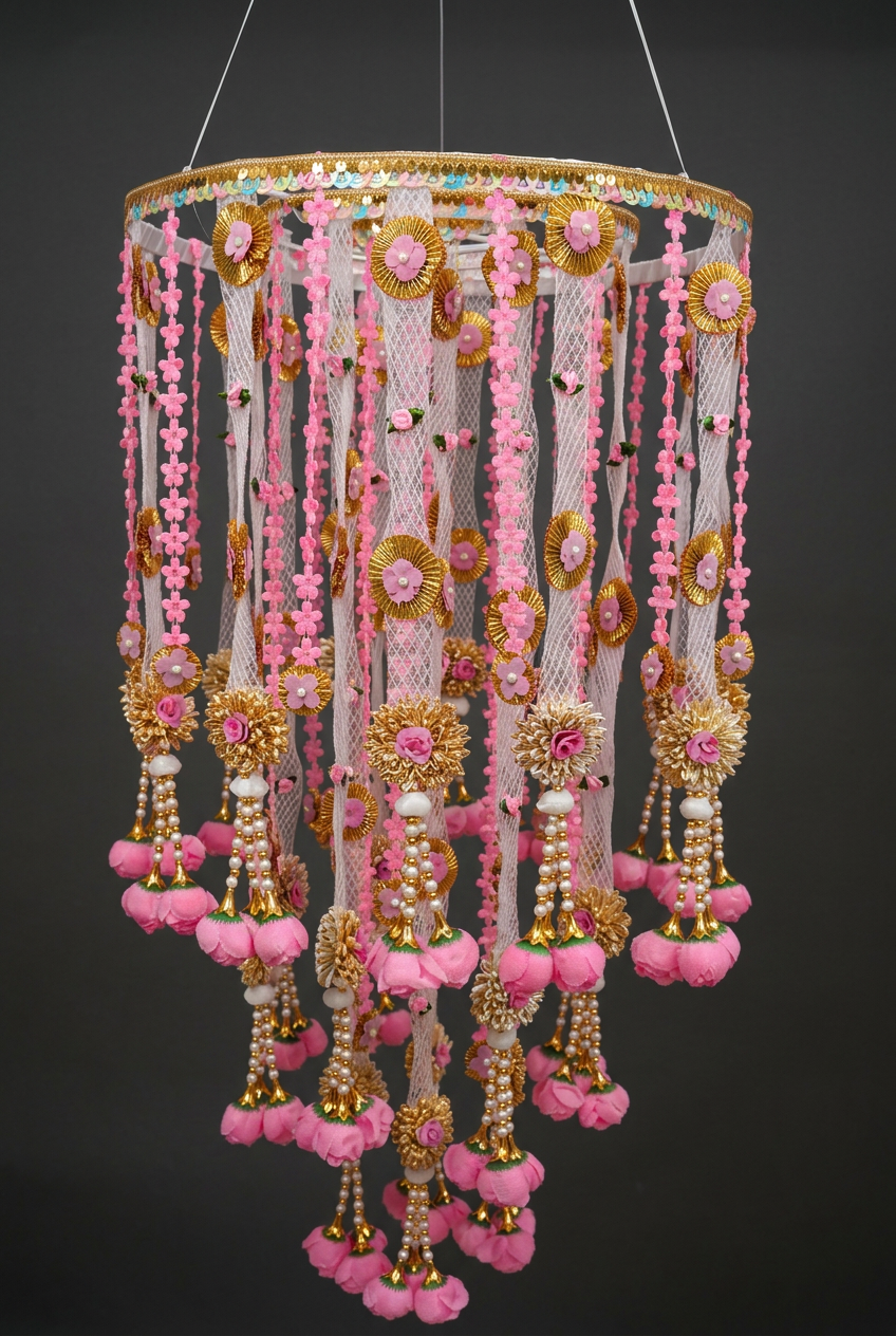 Pink Net Jhoomar in Blush & Gold