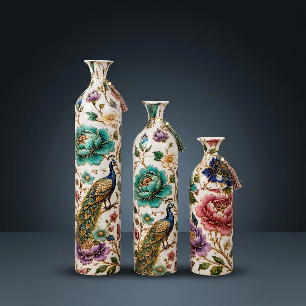 Peacock Floral Painted Vase Trio