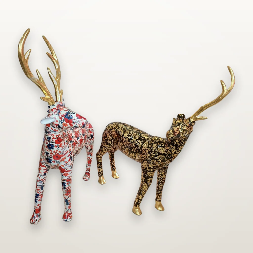 Painted Brass-Antler Deer Pair