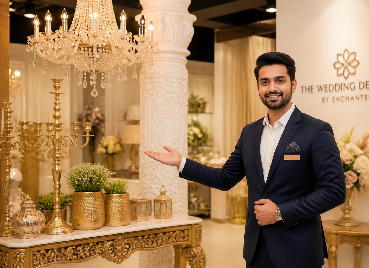 Mannat Wedding Decor representative presenting gold candelabras, planters and a carved console table in our showroom